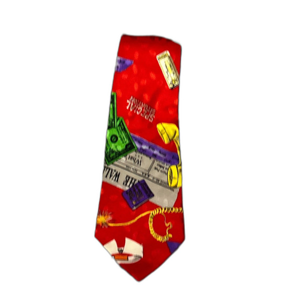 Vintage 1992 Nicole Miller Silk Tie Red Wall Street Theme - Picture 2 of 5